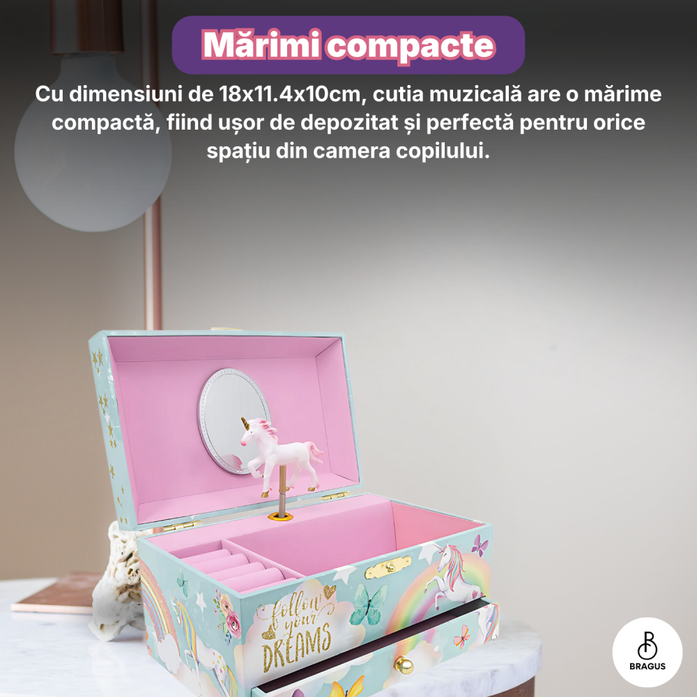 Cutie muzicala BRAGUS®, cu unicorn, pentru depozitarea bijuteriilor, cu sertar incorporat, recomandata copiilor cu varsta de peste 3 ani, interior roz [12]