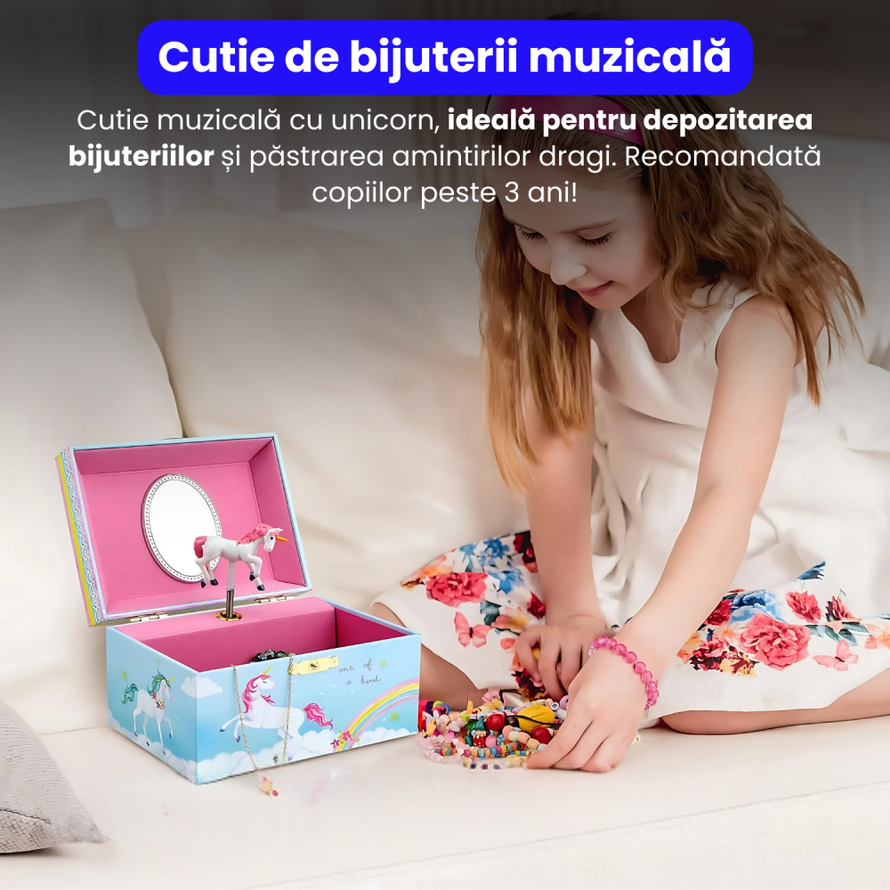 Cutie muzicala BRAGUS®, cu unicorn, pentru depozitarea bijuteriilor, recomandata copiilor cu varsta de peste 3 ani, interior roz [2]