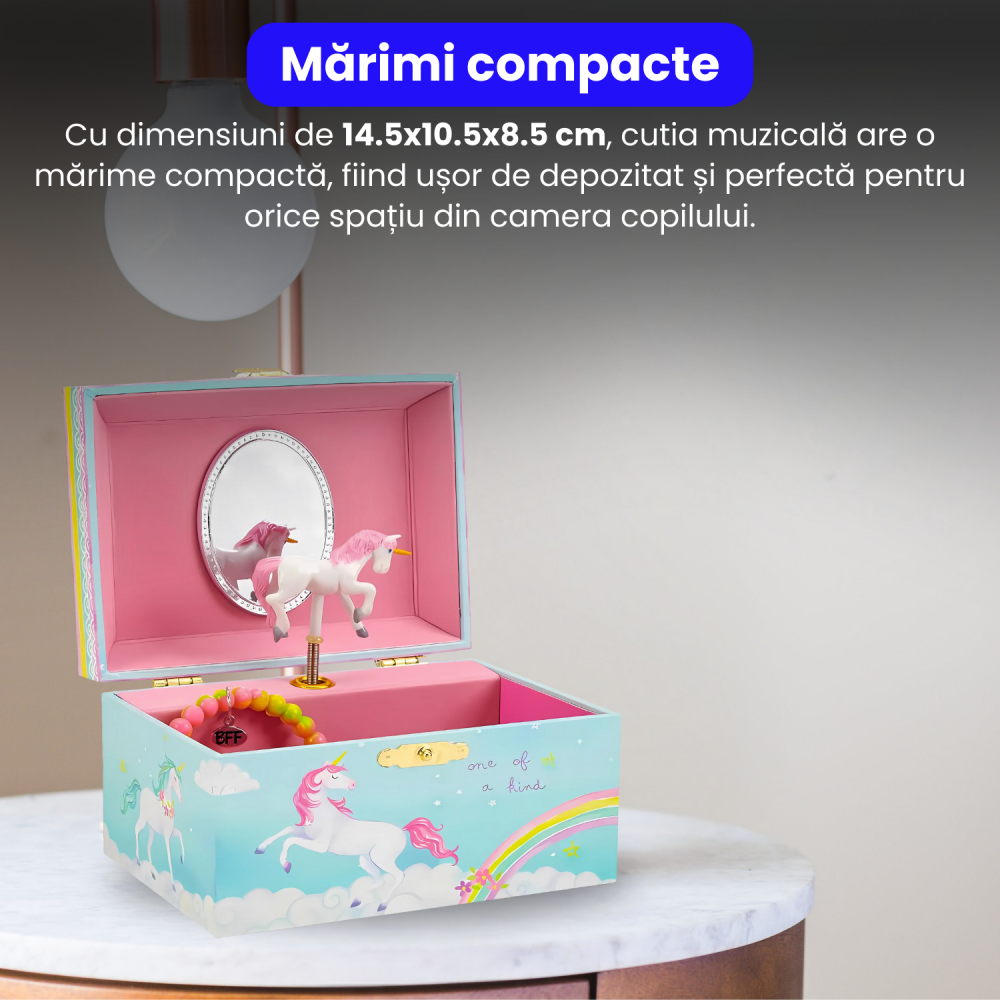 Cutie muzicala BRAGUS®, cu unicorn, pentru depozitarea bijuteriilor, recomandata copiilor cu varsta de peste 3 ani, interior roz [5]