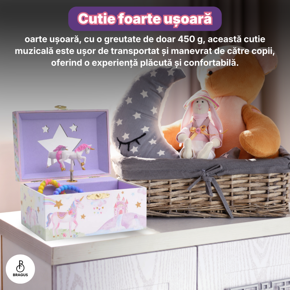 Cutie muzicala BRAGUS®, cu unicorn, pentru depozitarea bijuteriilor, recomandata copiilor cu varsta de peste 3 ani, interior mov [13]