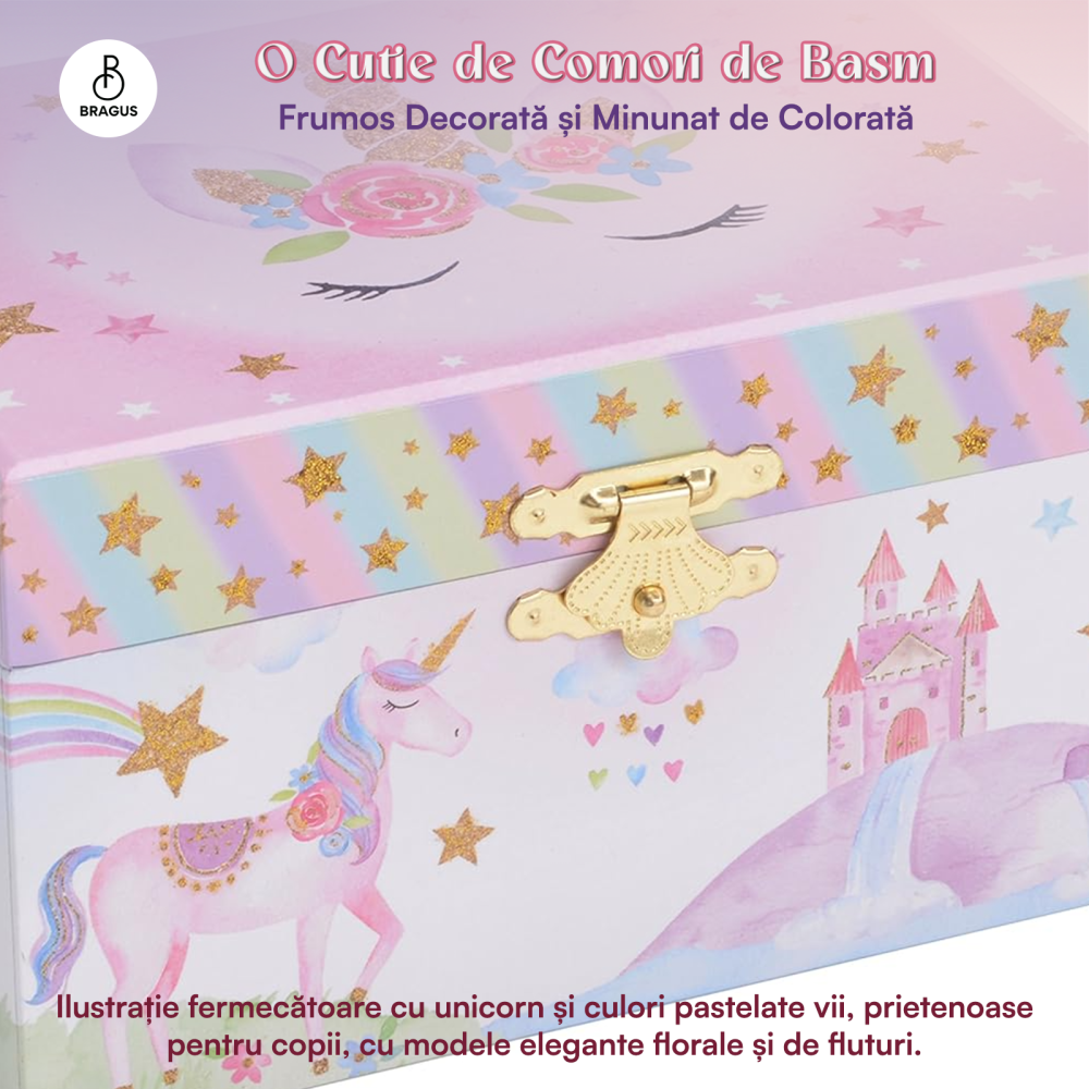Cutie muzicala BRAGUS®, cu unicorn, pentru depozitarea bijuteriilor, recomandata copiilor cu varsta de peste 3 ani, interior mov [5]