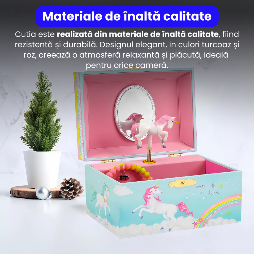 Cutie muzicala BRAGUS®, cu unicorn, pentru depozitarea bijuteriilor, recomandata copiilor cu varsta de peste 3 ani, interior roz [3]