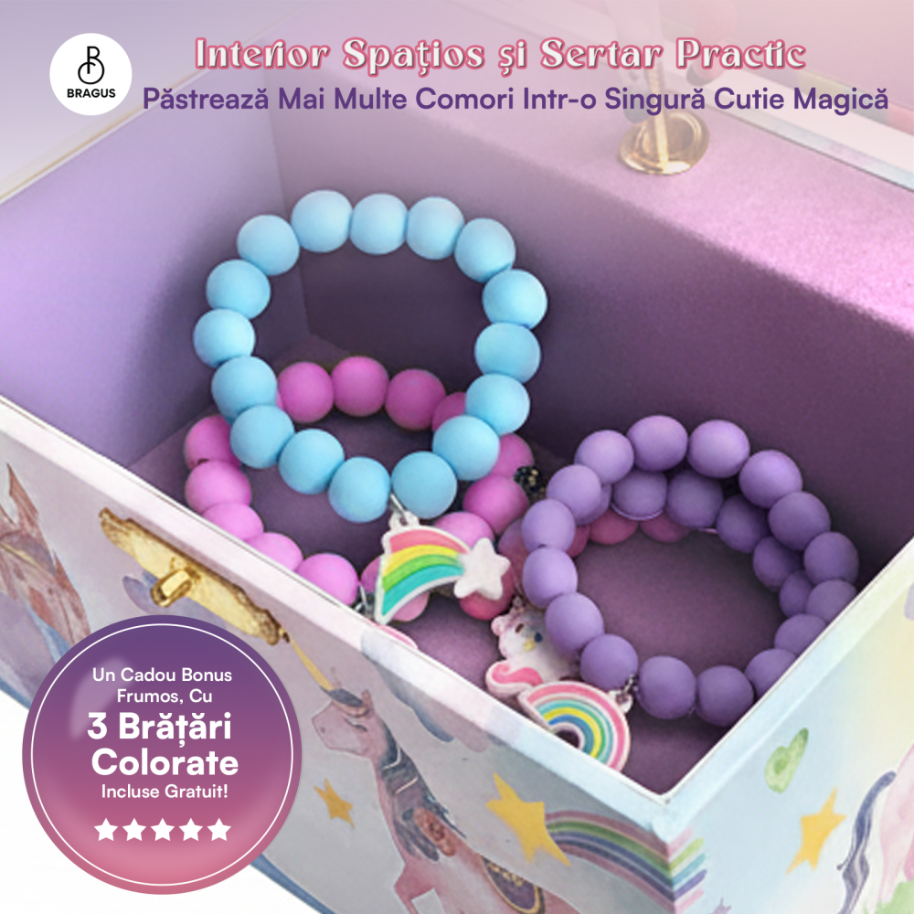 Cutie muzicala BRAGUS®, cu unicorn, pentru depozitarea bijuteriilor, recomandata copiilor cu varsta de peste 3 ani, interior mov [6]