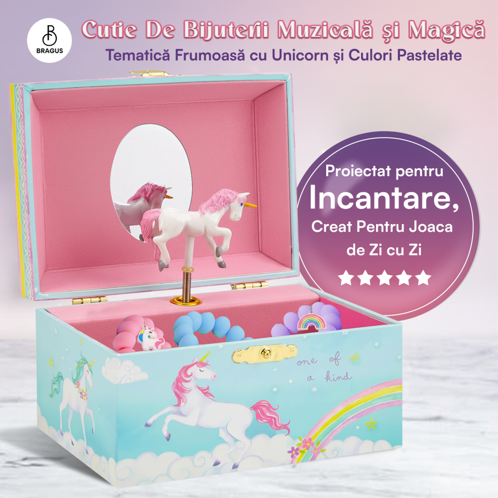 Cutie muzicala BRAGUS®, cu unicorn, pentru depozitarea bijuteriilor, recomandata copiilor cu varsta de peste 3 ani, interior roz [2]