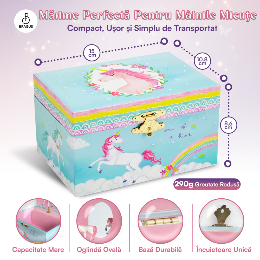 Cutie muzicala BRAGUS®, cu unicorn, pentru depozitarea bijuteriilor, recomandata copiilor cu varsta de peste 3 ani, interior roz [3]