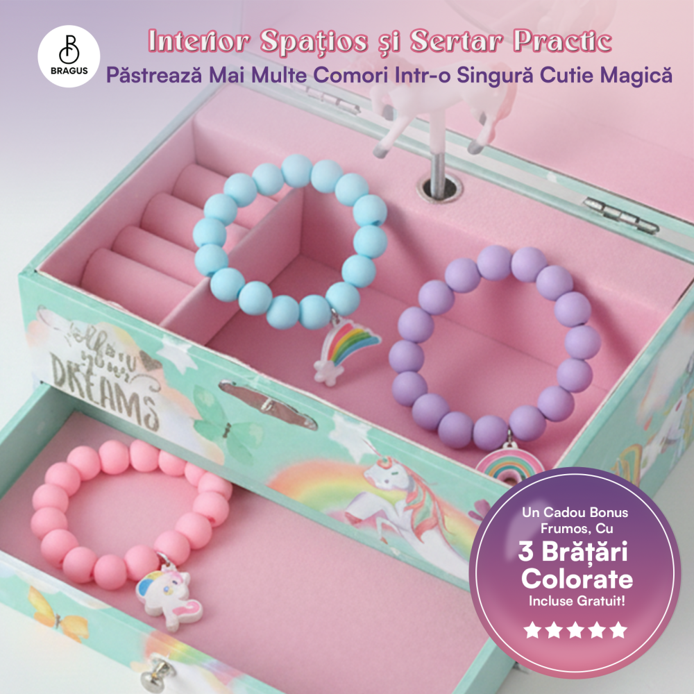 Cutie muzicala BRAGUS®, cu unicorn, pentru depozitarea bijuteriilor, cu sertar incorporat, recomandata copiilor cu varsta de peste 3 ani, interior roz [6]