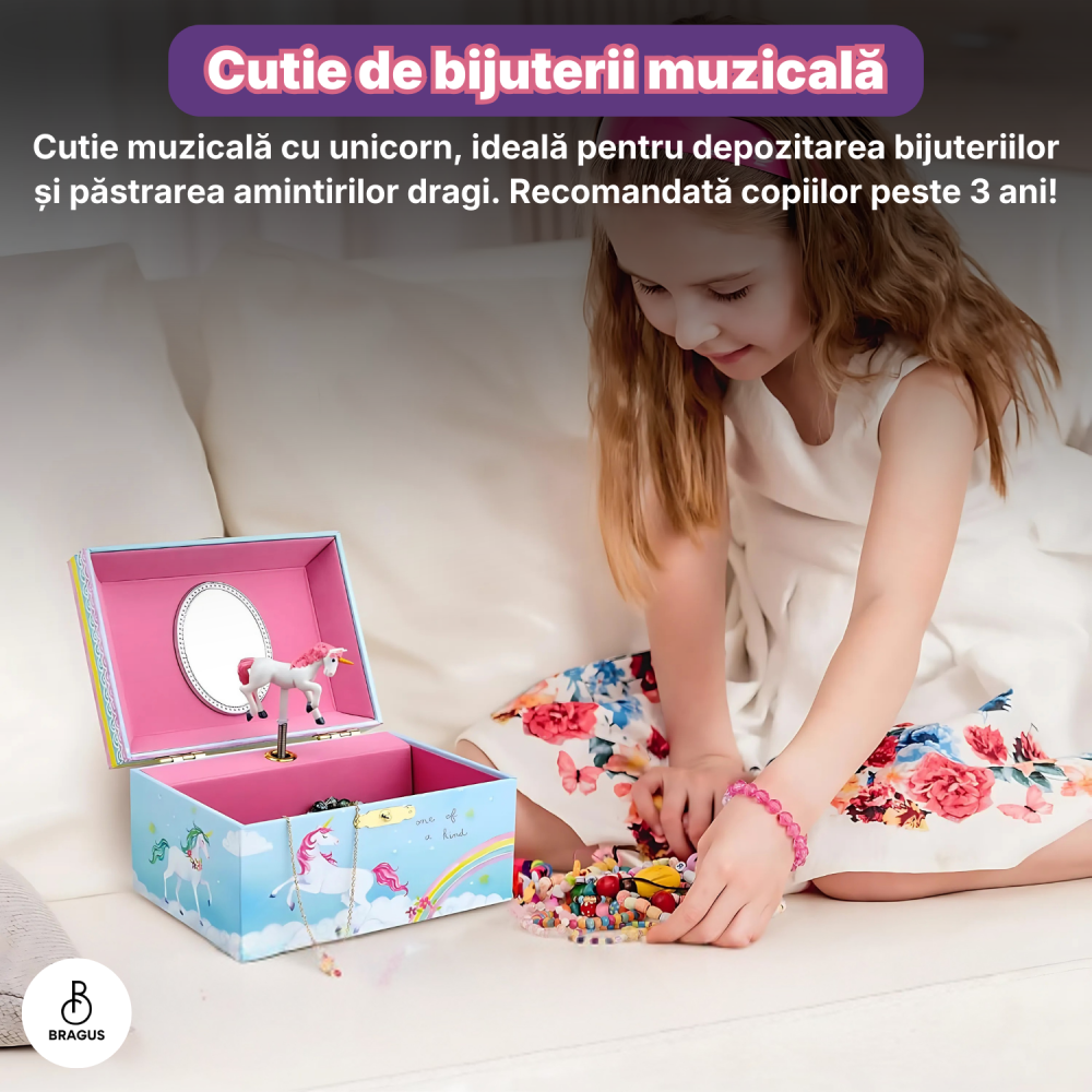 Cutie muzicala BRAGUS®, cu unicorn, pentru depozitarea bijuteriilor, recomandata copiilor cu varsta de peste 3 ani, interior roz [9]