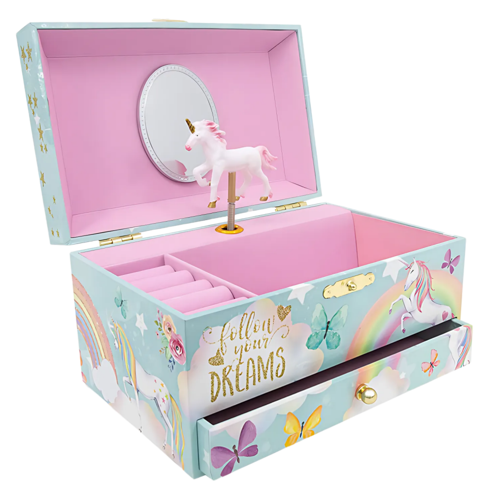 Cutie muzicala BRAGUS®, cu unicorn, pentru depozitarea bijuteriilor, cu sertar incorporat, recomandata copiilor cu varsta de peste 3 ani, interior roz [1]
