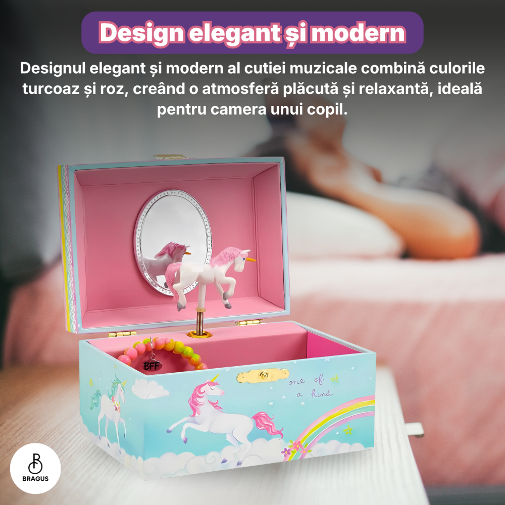 Cutie muzicala BRAGUS®, cu unicorn, pentru depozitarea bijuteriilor, recomandata copiilor cu varsta de peste 3 ani, interior roz [14]