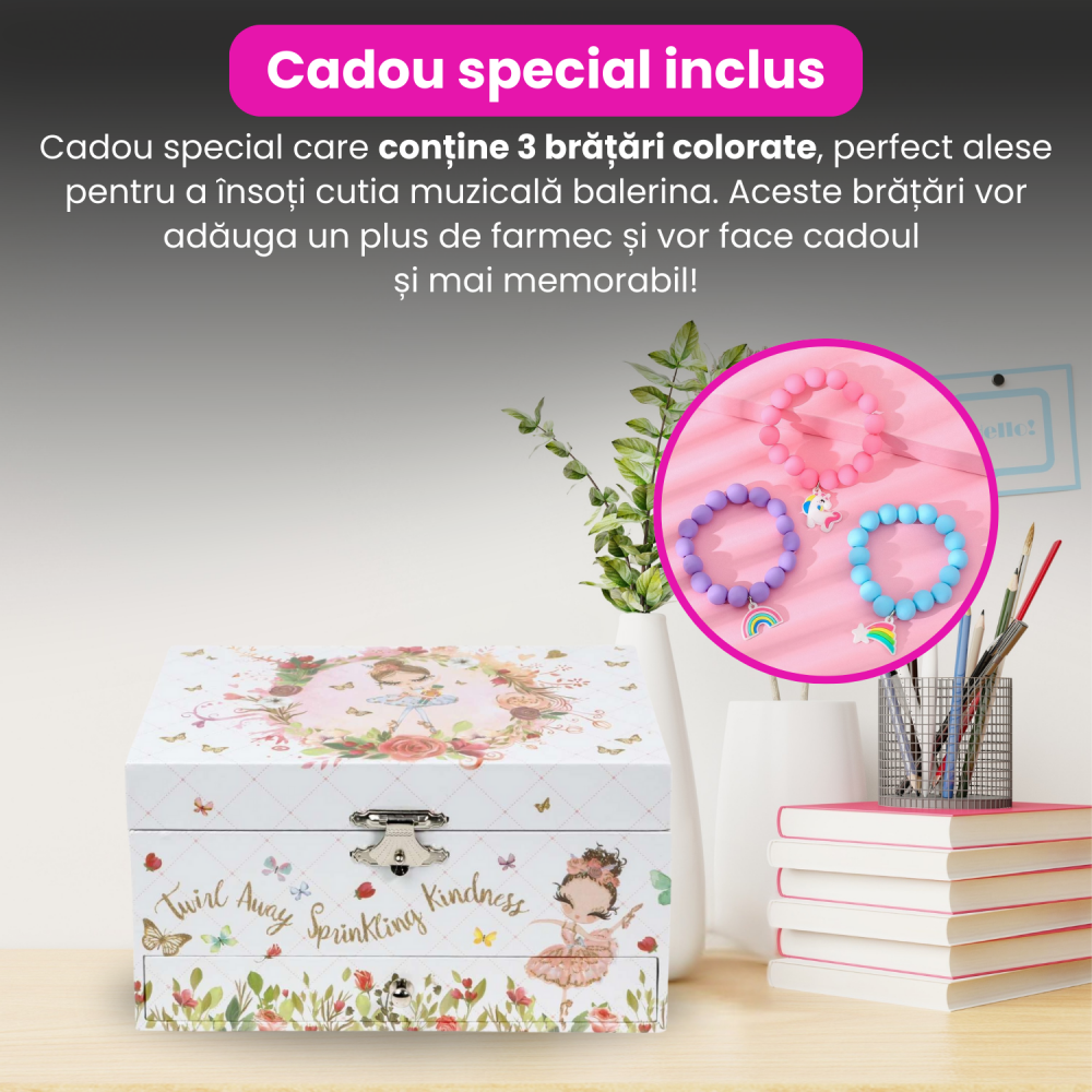 Cutie muzicala BRAGUS®, cu balerina, pentru depozitarea bijuteriilor, cu sertar incorporat, recomandata copiilor cu varsta de peste 3 ani, interior roz [4]