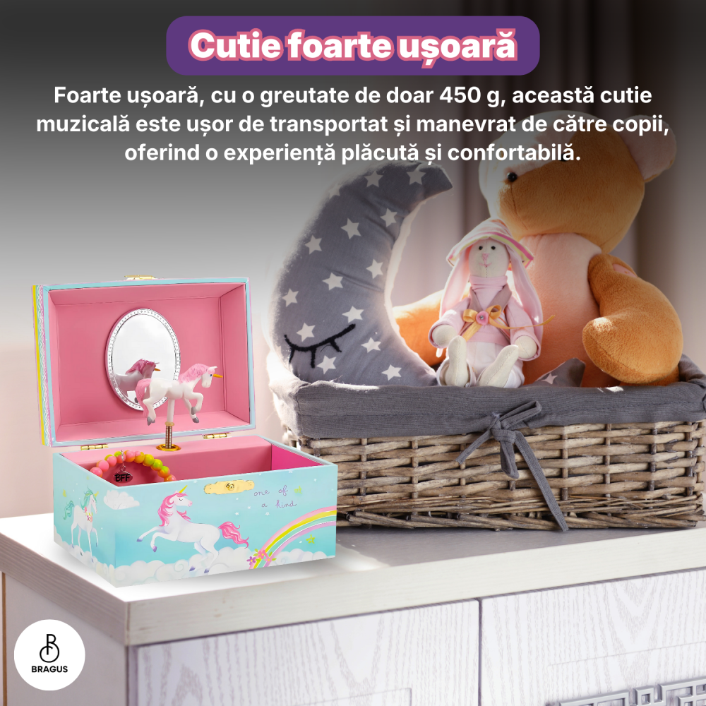 Cutie muzicala BRAGUS®, cu unicorn, pentru depozitarea bijuteriilor, recomandata copiilor cu varsta de peste 3 ani, interior roz [13]