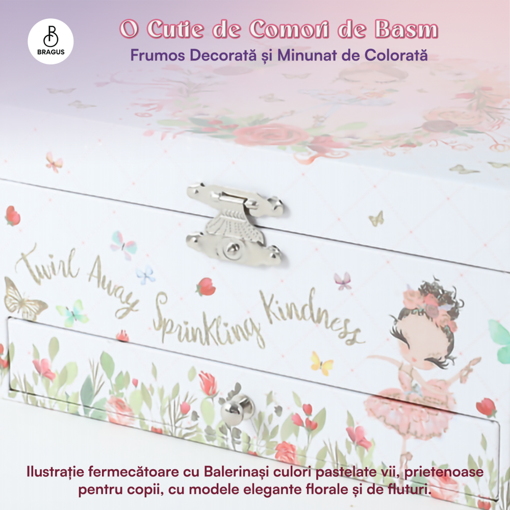 Cutie muzicala BRAGUS®, cu balerina, pentru depozitarea bijuteriilor, cu sertar incorporat, recomandata copiilor cu varsta de peste 3 ani, interior roz [5]