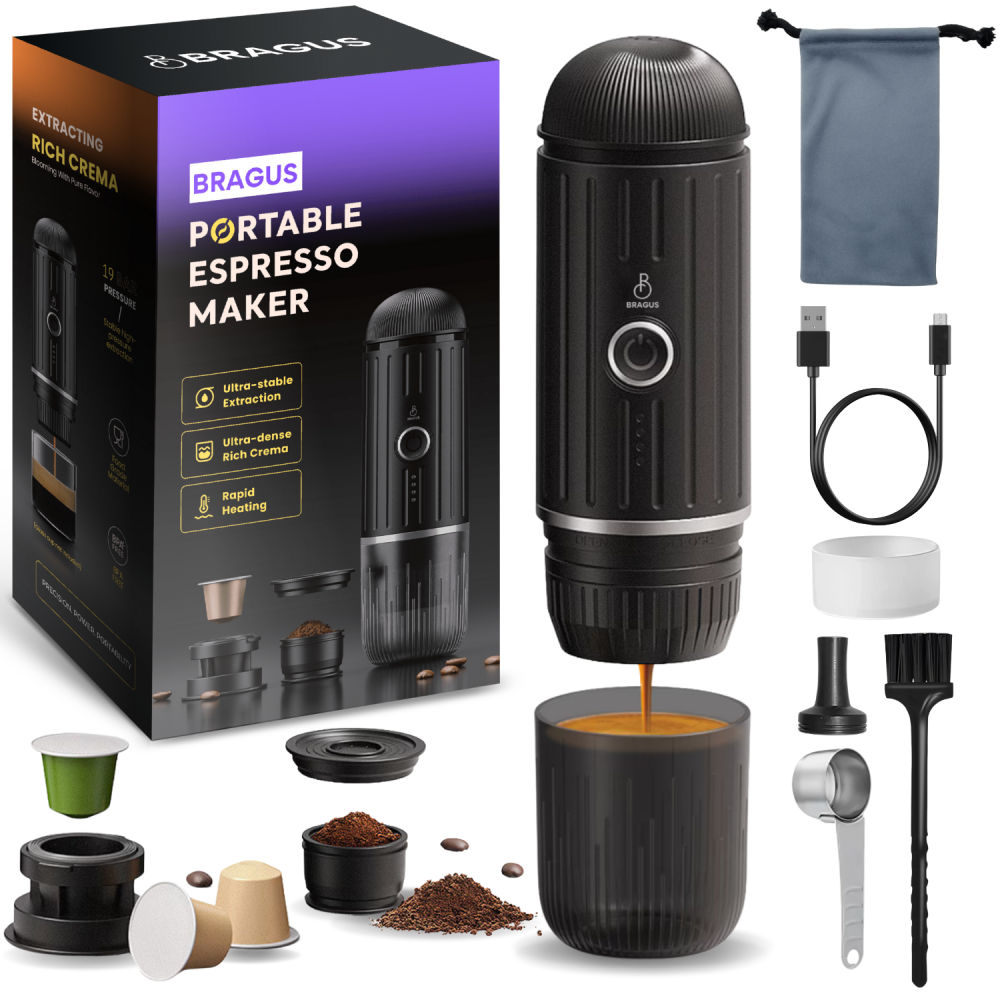 Espressor Portabil 2 in 1, BRAGUS, Premium, Cafea Macinata sau Capsule, Reincarcabil, Presiune 19 Bari, Baterie 7500mAh, Aparat de Cafea Portabil, Functie Incalzire Integrata, Incarcare Rapida Auto sa [1]