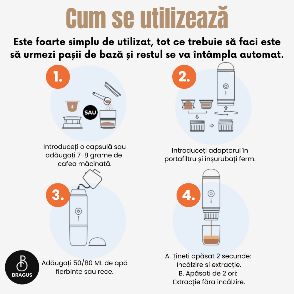 Espressor Portabil 2 in 1, Premium, Cafea Macinata sau Capsule, Reincarcabil, Presiune 19 Bari, Baterie 7500mAh, Aparat de Cafea Portabil, Functie Incalzire Integrata, Incarcare Rapida, Design Modern [9]