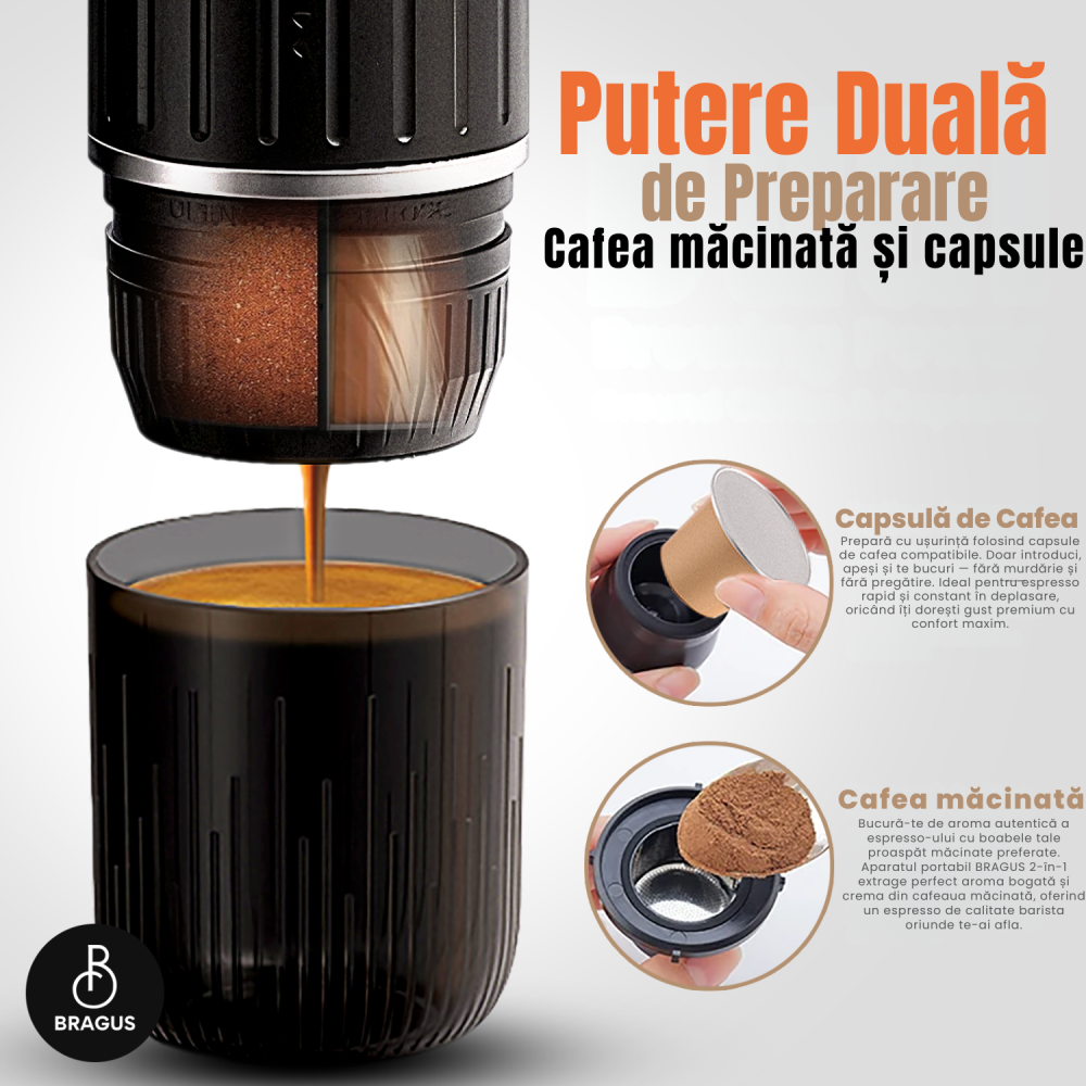 Espressor Portabil 2 in 1, Premium, Cafea Macinata sau Capsule, Reincarcabil, Presiune 19 Bari, Baterie 7500mAh, Aparat de Cafea Portabil, Functie Incalzire Integrata, Incarcare Rapida, Design Modern [3]