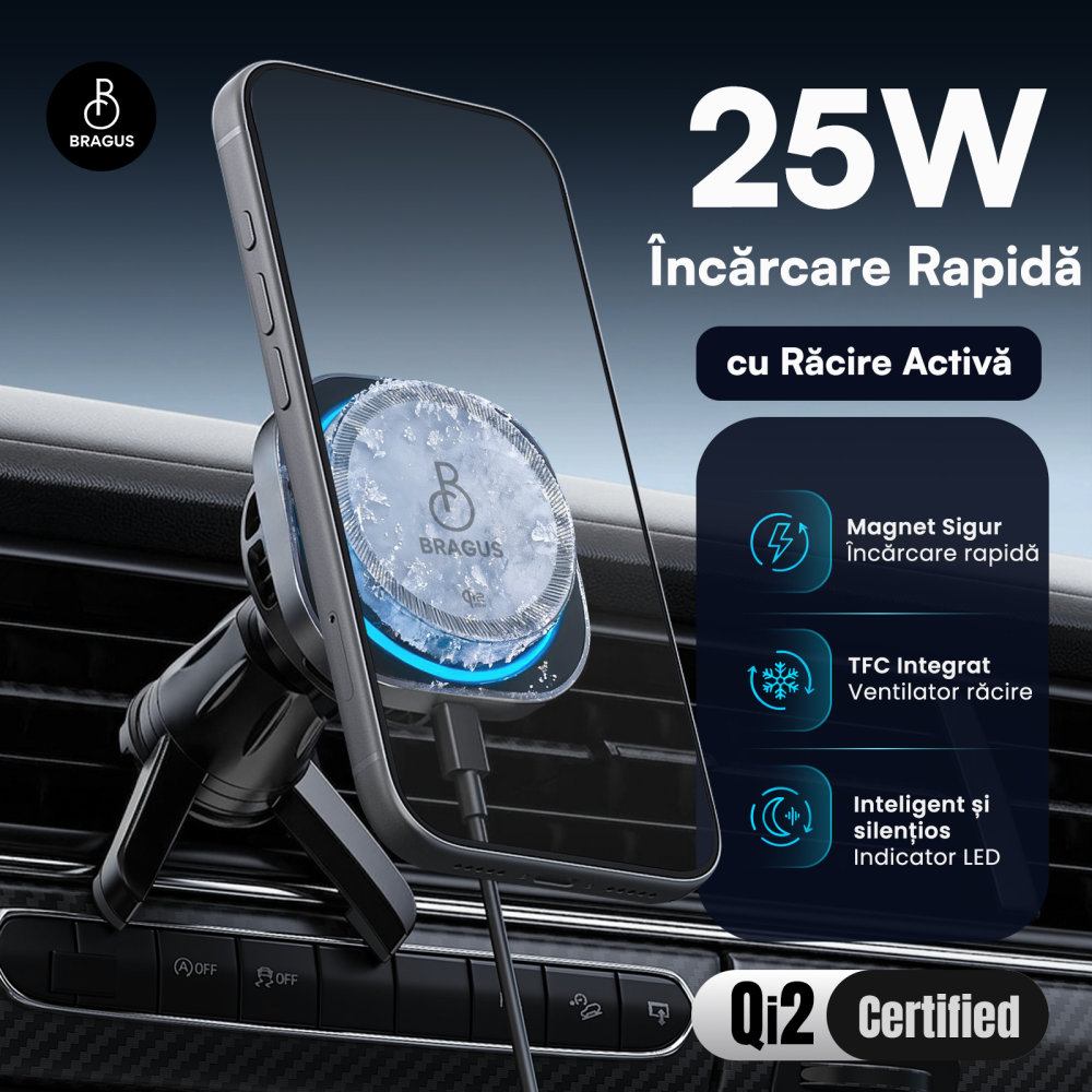 Incarcator Auto Wireless Magnetic, Incarcare Rapida 25W, Functie Racire Integrata, Fixare Puternica, Protocol QI2.2, Lumina Ambientala, Adaptor 45W Inclus, Tehnologie MagSafe, Suport Pentru Telefon [2]