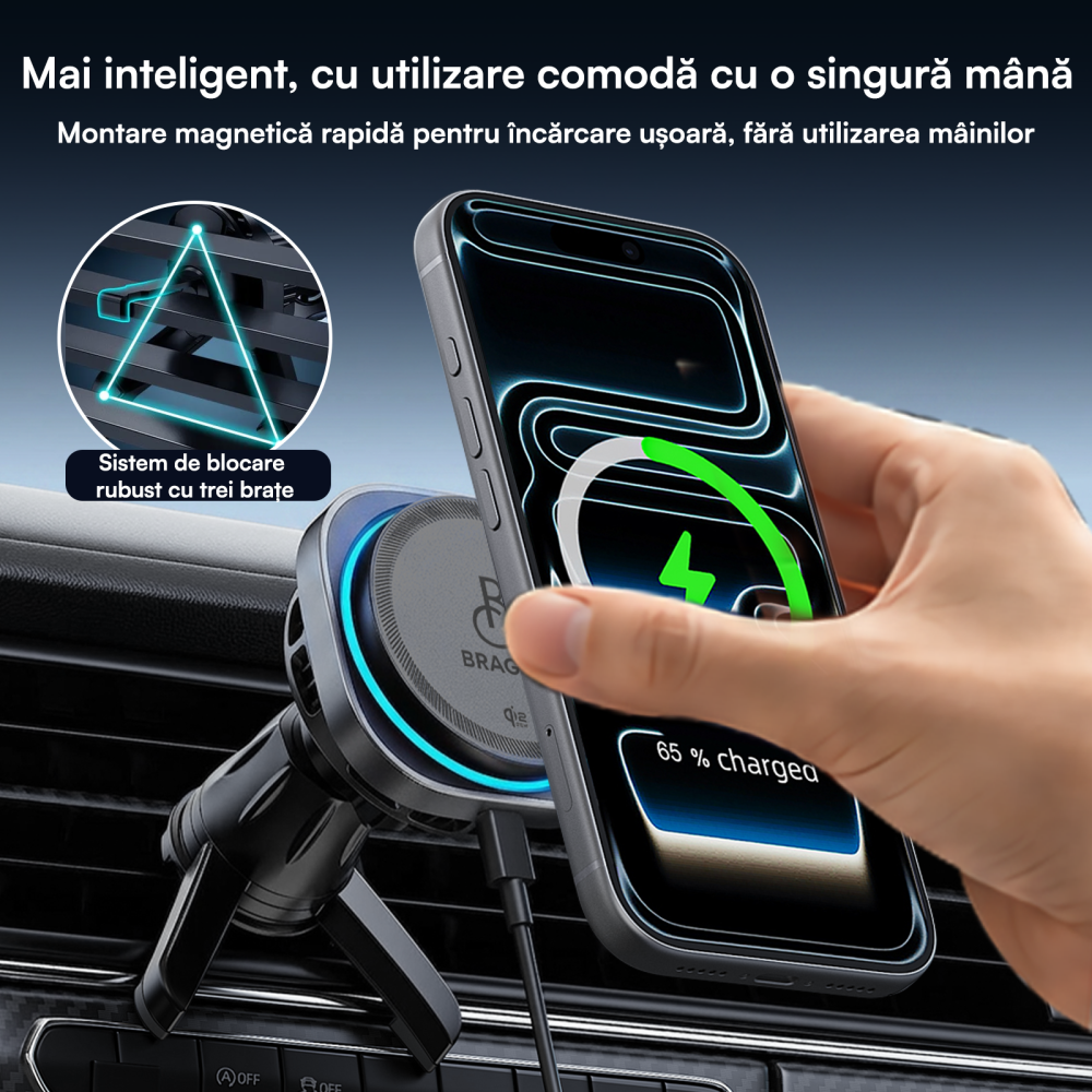 Incarcator Auto Wireless Magnetic, Incarcare Rapida 25W, Functie Racire Integrata, Fixare Puternica, Protocol QI2.2, Lumina Ambientala, Adaptor 45W Inclus, Tehnologie MagSafe, Suport Pentru Telefon [8]