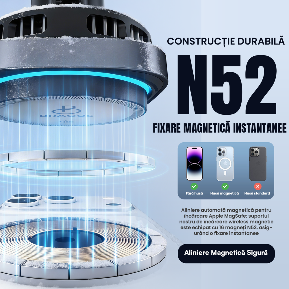 Incarcator Auto Wireless Magnetic, Incarcare Rapida 25W, Functie Racire Integrata, Fixare Puternica, Protocol QI2.2, Lumina Ambientala, Adaptor 45W Inclus, Tehnologie MagSafe, Suport Pentru Telefon [5]