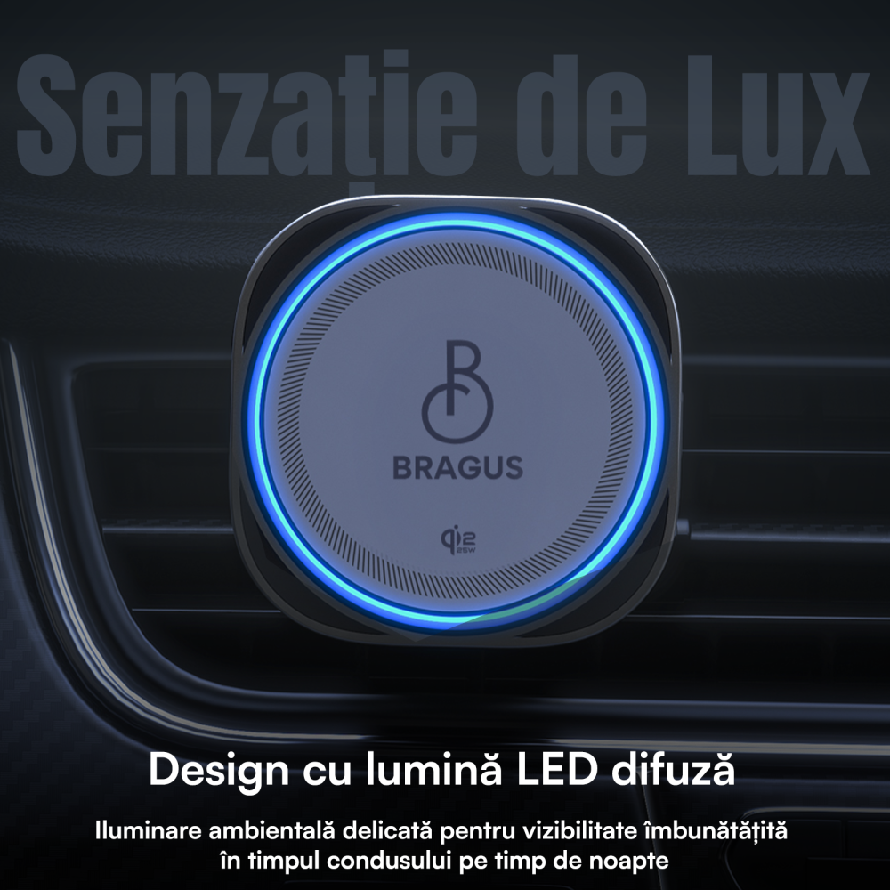 Incarcator Auto Wireless Magnetic, Incarcare Rapida 25W, Functie Racire Integrata, Fixare Puternica, Protocol QI2.2, Lumina Ambientala, Adaptor 45W Inclus, Tehnologie MagSafe, Suport Pentru Telefon [7]