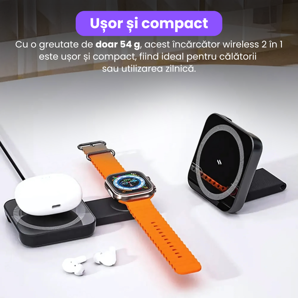Incarcator Wireless 2 in 1, Incarcare Simultana 2 Dispozitive, Pliabil, Tehnologie MagSafe, Incarcare Duala, Magnet Puternic, Suport pentru Telefon, Compatibil iPhone, Apple Watch, AirPods, Negru [7]