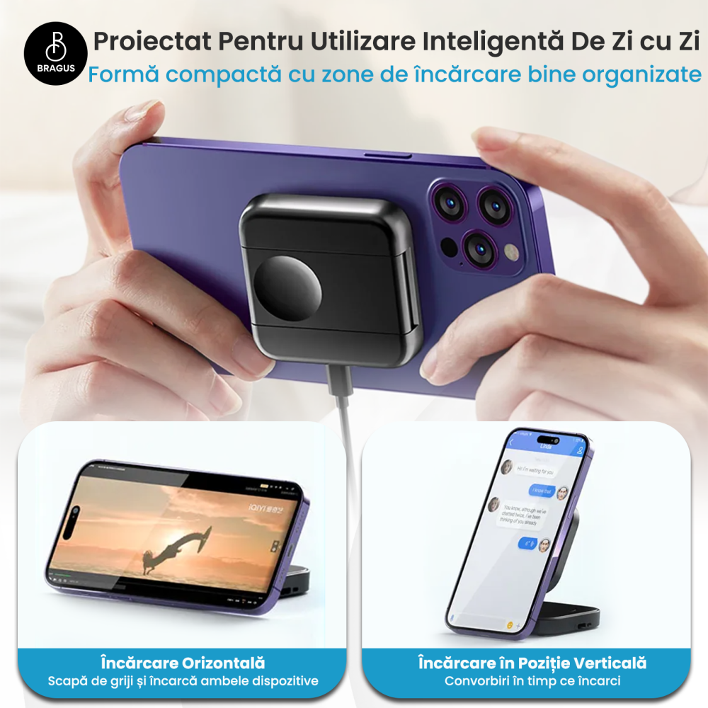 Incarcator Wireless 2 in 1, Incarcare Simultana 2 Dispozitive, Pliabil, Tehnologie MagSafe, Incarcare Duala, Magnet Puternic, Suport pentru Telefon, Compatibil iPhone, Apple Watch, AirPods, Negru [3]