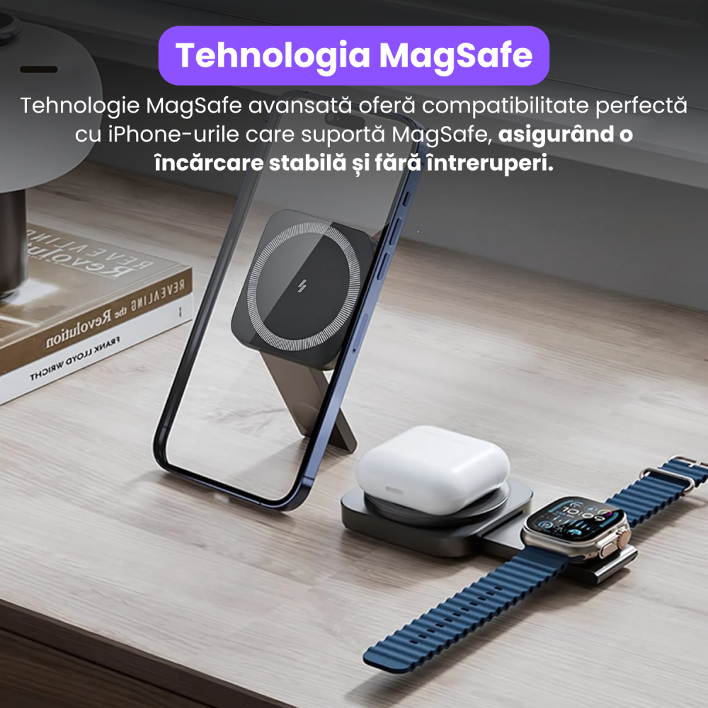 Incarcator Wireless 2 in 1, Incarcare Simultana 2 Dispozitive, Pliabil, Tehnologie MagSafe, Incarcare Duala, Magnet Puternic, Suport pentru Telefon, Compatibil iPhone, Apple Watch, AirPods, Negru [4]