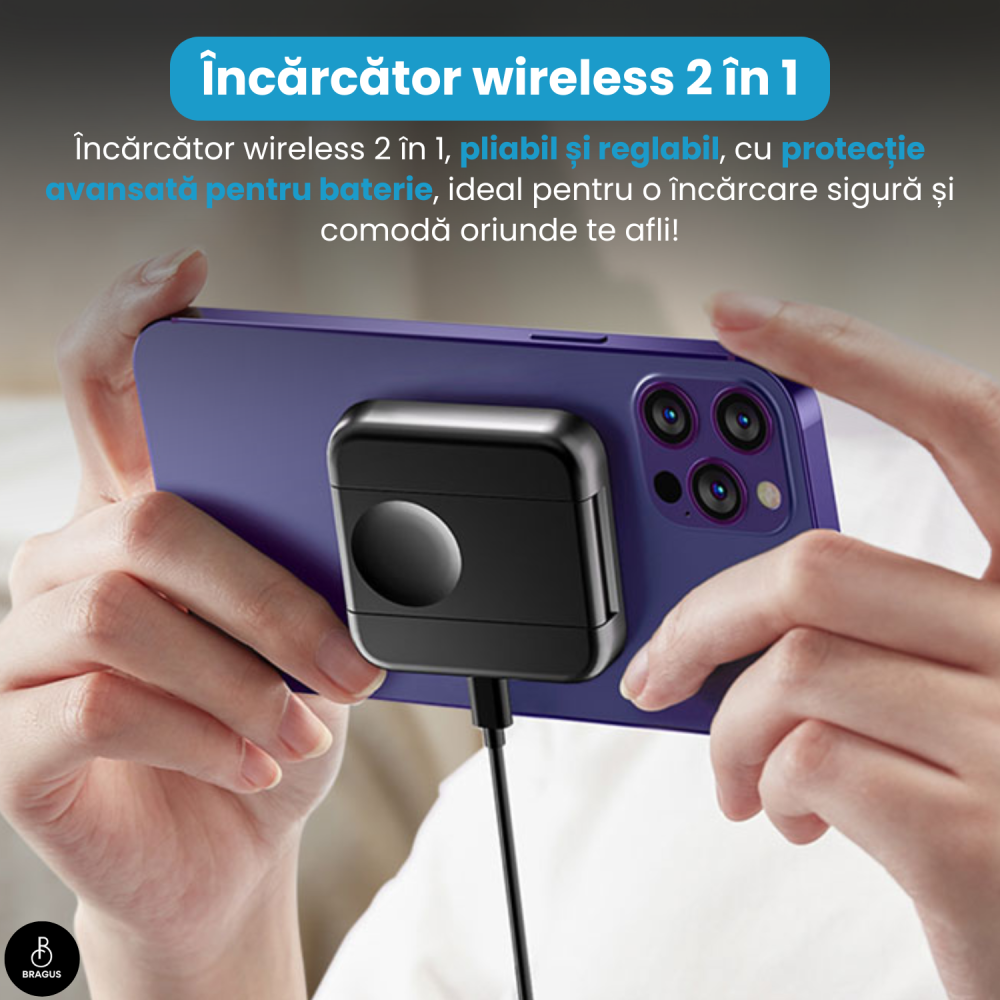 Incarcator Wireless 2 in 1, Incarcare Simultana 2 Dispozitive, Pliabil, Tehnologie MagSafe, Incarcare Duala, Magnet Puternic, Suport pentru Telefon, Compatibil iPhone, Apple Watch, AirPods, Negru [9]