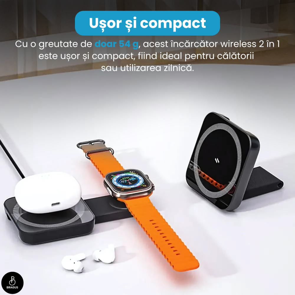 Incarcator Wireless 2 in 1, Incarcare Simultana 2 Dispozitive, Pliabil, Tehnologie MagSafe, Incarcare Duala, Magnet Puternic, Suport pentru Telefon, Compatibil iPhone, Apple Watch, AirPods, Negru [14]