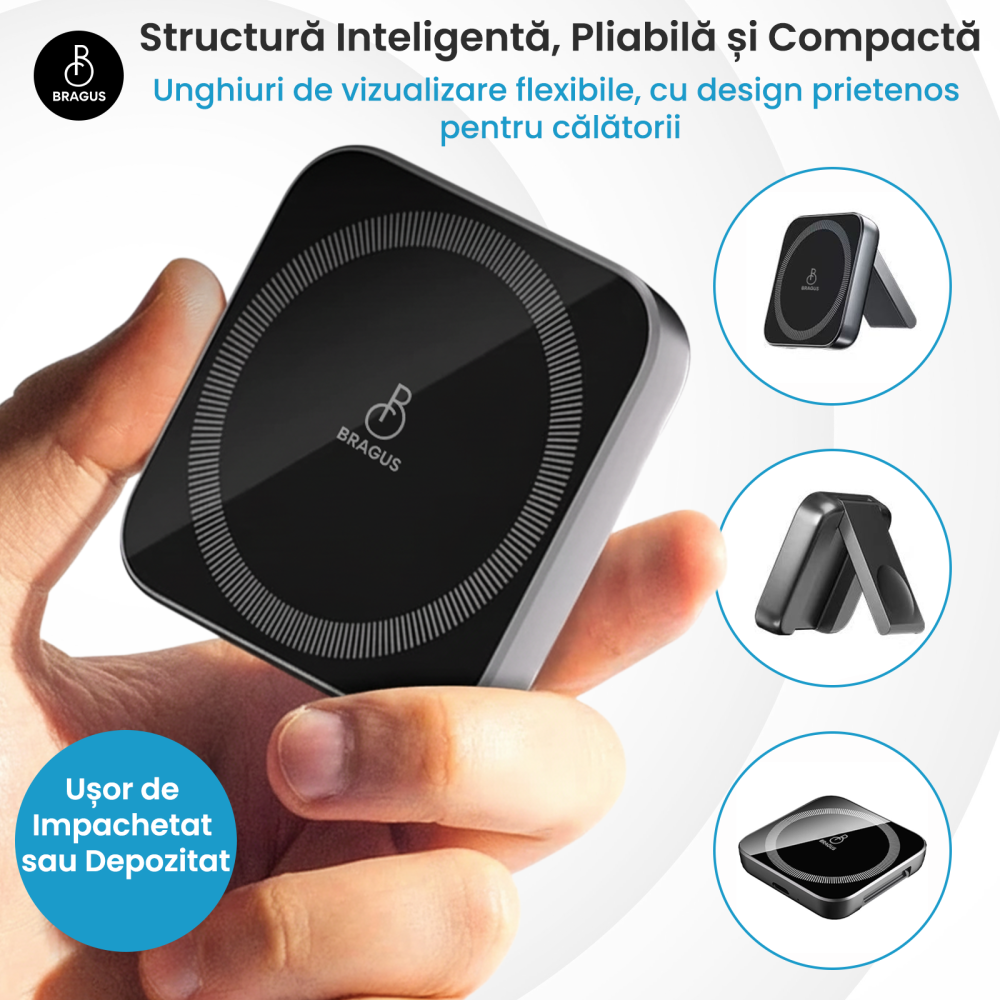 Incarcator Wireless 2 in 1, Incarcare Simultana 2 Dispozitive, Pliabil, Tehnologie MagSafe, Incarcare Duala, Magnet Puternic, Suport pentru Telefon, Compatibil iPhone, Apple Watch, AirPods, Negru [6]