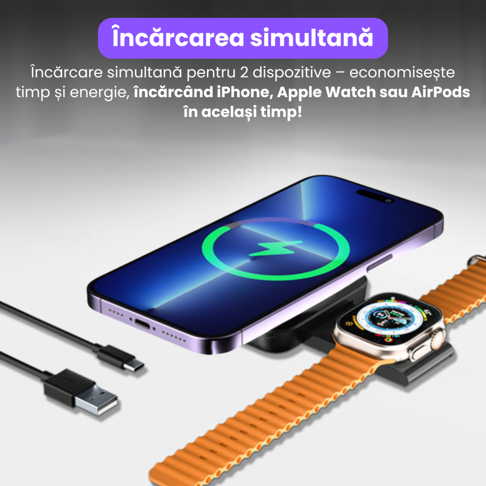 Incarcator Wireless 2 in 1, Incarcare Simultana 2 Dispozitive, Pliabil, Tehnologie MagSafe, Incarcare Duala, Magnet Puternic, Suport pentru Telefon, Compatibil iPhone, Apple Watch, AirPods, Negru [3]