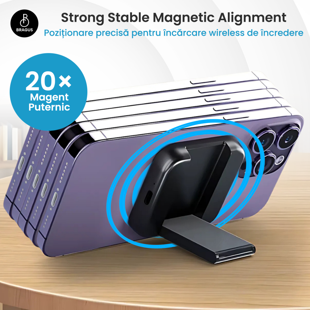 Incarcator Wireless 2 in 1, Incarcare Simultana 2 Dispozitive, Pliabil, Tehnologie MagSafe, Incarcare Duala, Magnet Puternic, Suport pentru Telefon, Compatibil iPhone, Apple Watch, AirPods, Negru [5]