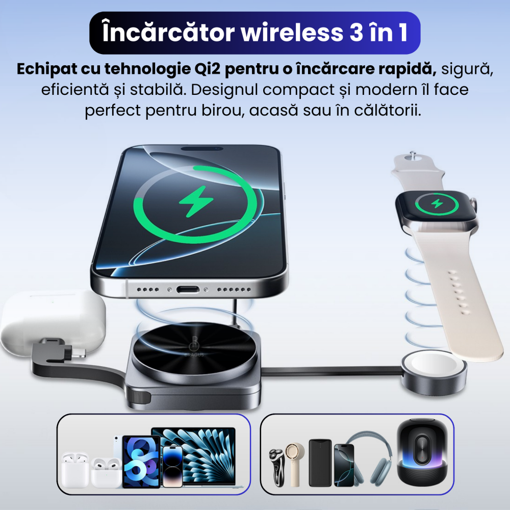 Incarcator Wireless 3 in 1, Incarcare Simultana 3 Dispozitive, Incarcator Telefon Portabil, Tehnologie MagSafe, Incarcare Rapida 15W, Incarcator Wireless, Compatibil iPhone, Apple Watch, AirPods, Gri [2]