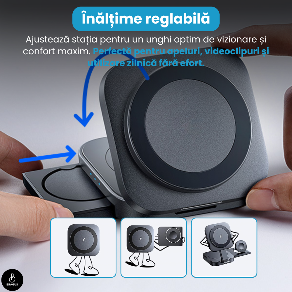 Incarcator Wireless 3 in 1, BRAGUS, Incarcare Simultana 3 Dispozitive, Incarcator Telefon Portabil, Tehnologie MagSafe, Reglabil, Incarcator Multiport Wireless, Compatibil iPhone, Apple Watch, AirPods [12]