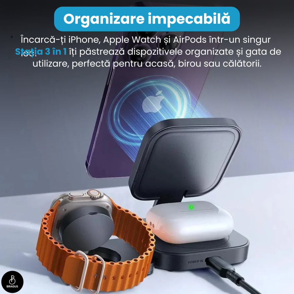 Incarcator Wireless 3 in 1, BRAGUS, Incarcare Simultana 3 Dispozitive, Incarcator Telefon Portabil, Tehnologie MagSafe, Reglabil, Incarcator Multiport Wireless, Compatibil iPhone, Apple Watch, AirPods [10]