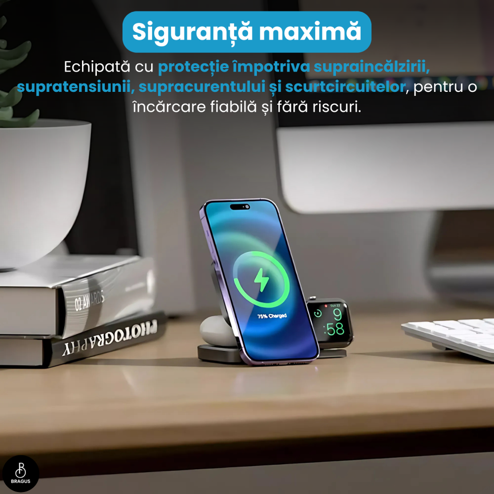 Incarcator Wireless 3 in 1, BRAGUS, Incarcare Simultana 3 Dispozitive, Incarcator Telefon Portabil, Tehnologie MagSafe, Reglabil, Incarcator Multiport Wireless, Compatibil iPhone, Apple Watch, AirPods [13]