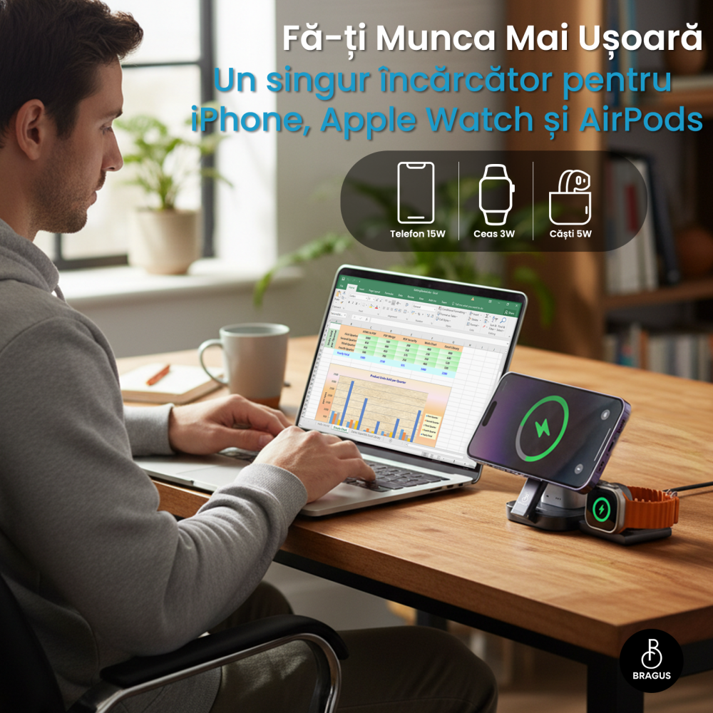 Incarcator Wireless 3 in 1, BRAGUS, Incarcare Simultana 3 Dispozitive, Incarcator Telefon Portabil, Tehnologie MagSafe, Reglabil, Incarcator Multiport Wireless, Compatibil iPhone, Apple Watch, AirPods [8]