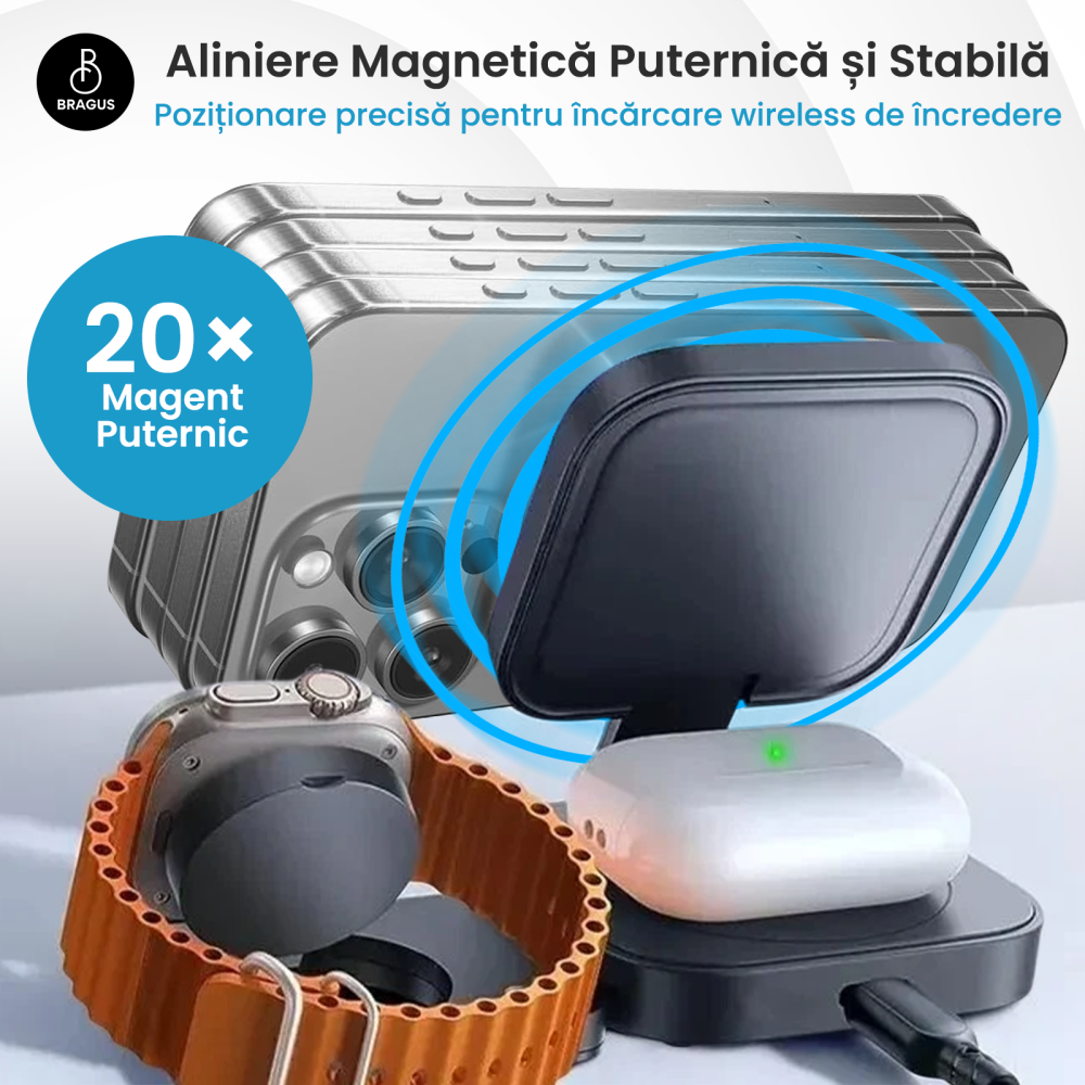 Incarcator Wireless 3 in 1, BRAGUS, Incarcare Simultana 3 Dispozitive, Incarcator Telefon Portabil, Tehnologie MagSafe, Reglabil, Incarcator Multiport Wireless, Compatibil iPhone, Apple Watch, AirPods [5]