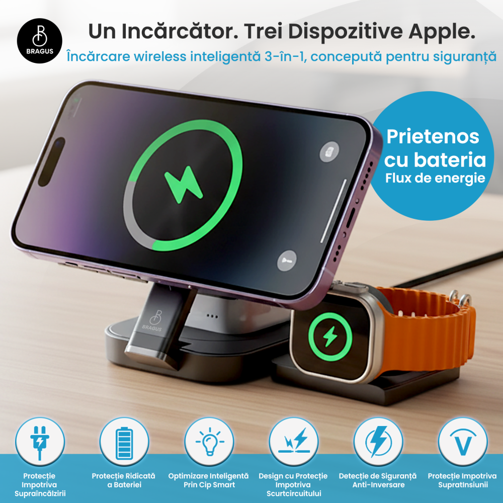 Incarcator Wireless 3 in 1, BRAGUS, Incarcare Simultana 3 Dispozitive, Incarcator Telefon Portabil, Tehnologie MagSafe, Reglabil, Incarcator Multiport Wireless, Compatibil iPhone, Apple Watch, AirPods [2]
