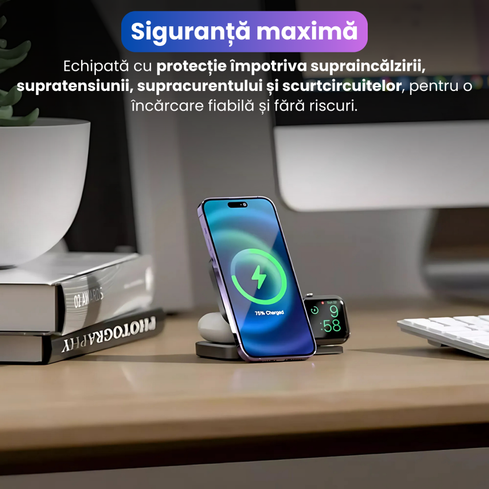 Incarcator Wireless 3 in 1, BRAGUS, Incarcare Simultana 3 Dispozitive, Incarcator Telefon Portabil, Tehnologie MagSafe, Reglabil, Incarcator Multiport Wireless, Compatibil iPhone, Apple Watch, AirPods [6]