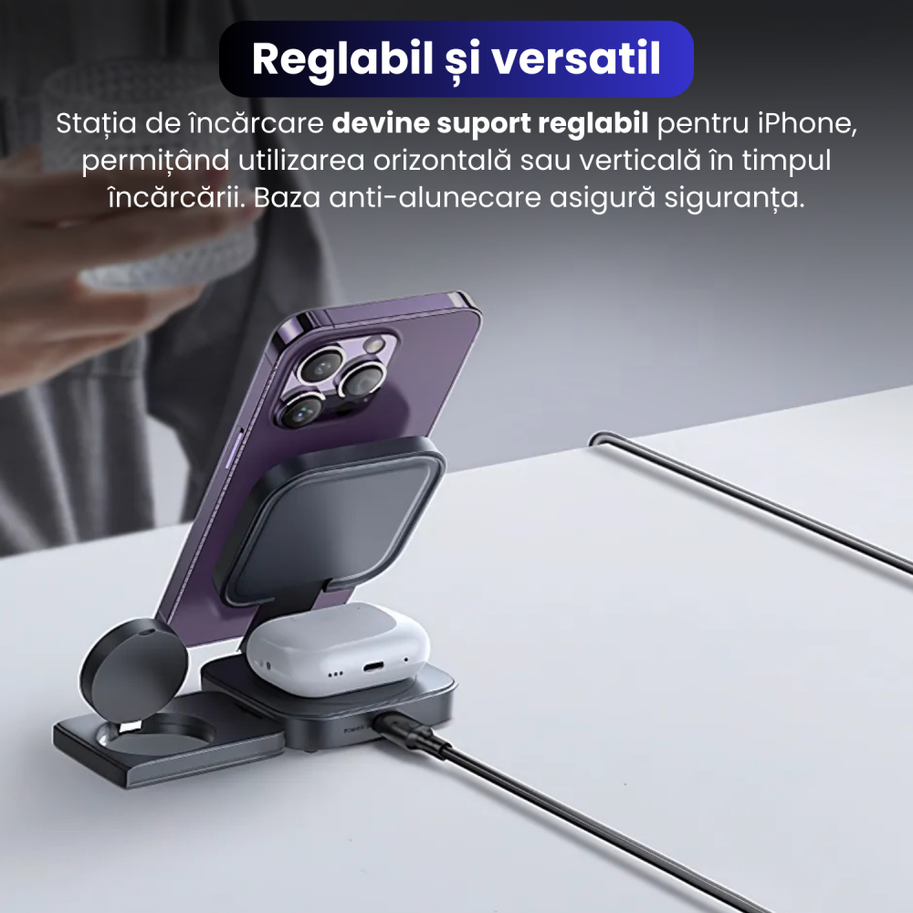 Incarcator Wireless 3 in 1, BRAGUS, Incarcare Simultana 3 Dispozitive, Incarcator Telefon Portabil, Tehnologie MagSafe, Reglabil, Incarcator Multiport Wireless, Compatibil iPhone, Apple Watch, AirPods [7]