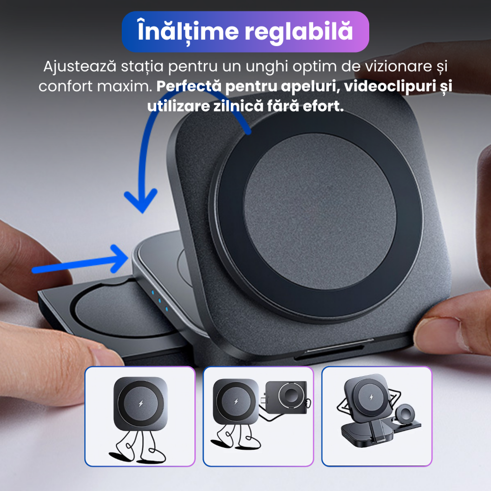 Incarcator Wireless 3 in 1, BRAGUS, Incarcare Simultana 3 Dispozitive, Incarcator Telefon Portabil, Tehnologie MagSafe, Reglabil, Incarcator Multiport Wireless, Compatibil iPhone, Apple Watch, AirPods [5]