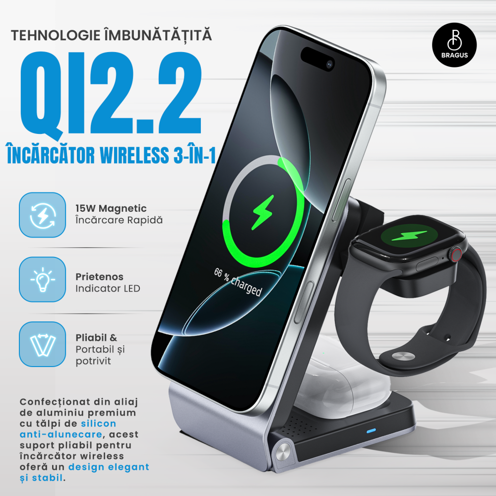 Incarcator Wireless 3 in 1, Incarcare Simultana 3 Dispozitive, Fast Charge 15W, Functie Racire Integrata, Tehnologie MagSafe, Protejeaza Bateria, QI2, Pliabil, Compact, Portabil, Compatibil Apple [2]