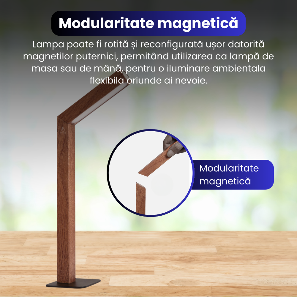 Lampa LED de birou BRAGUS, cu magnet, unghi 360° ajustabil, comutator tactil, 3 trepte de lumina, acumulator 1100 mAh, reincarcabila prin USB, lemn masiv [6]