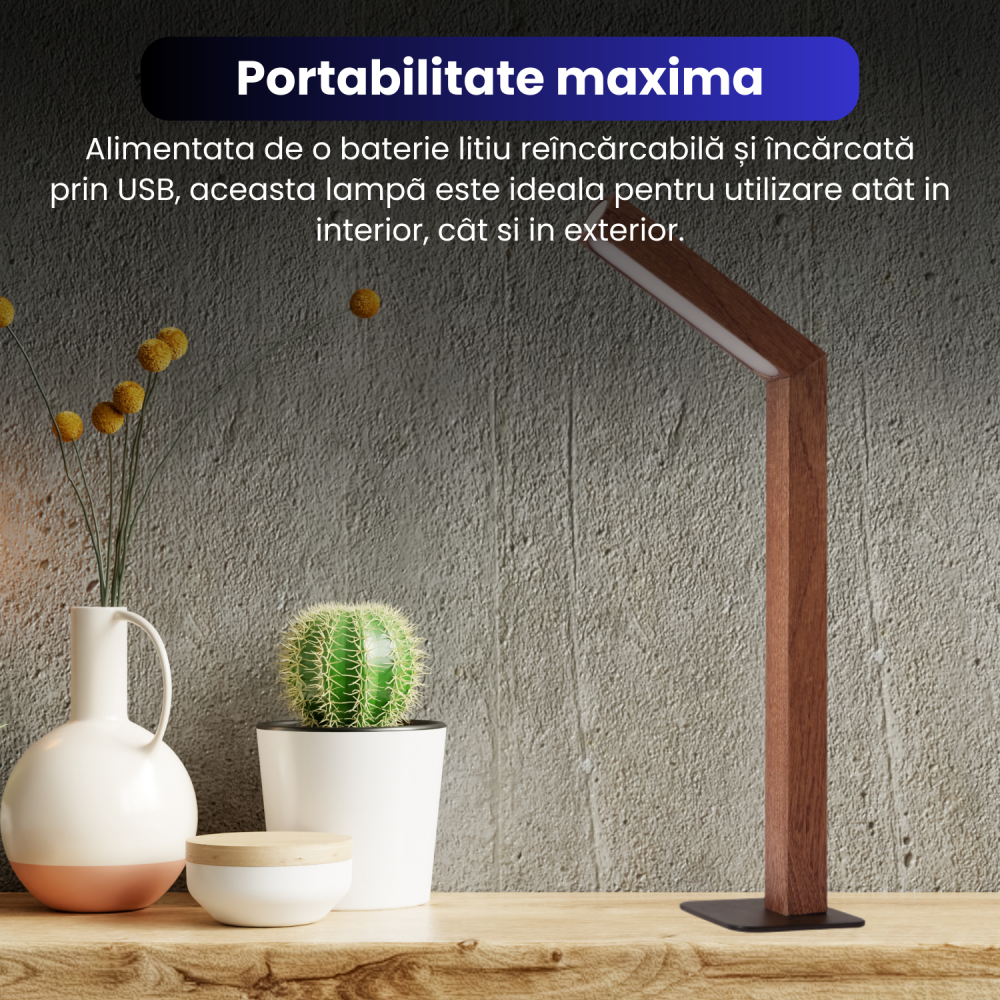 Lampa LED de birou BRAGUS, cu magnet, unghi 360° ajustabil, comutator tactil, 3 trepte de lumina, acumulator 1100 mAh, reincarcabila prin USB, lemn masiv [7]