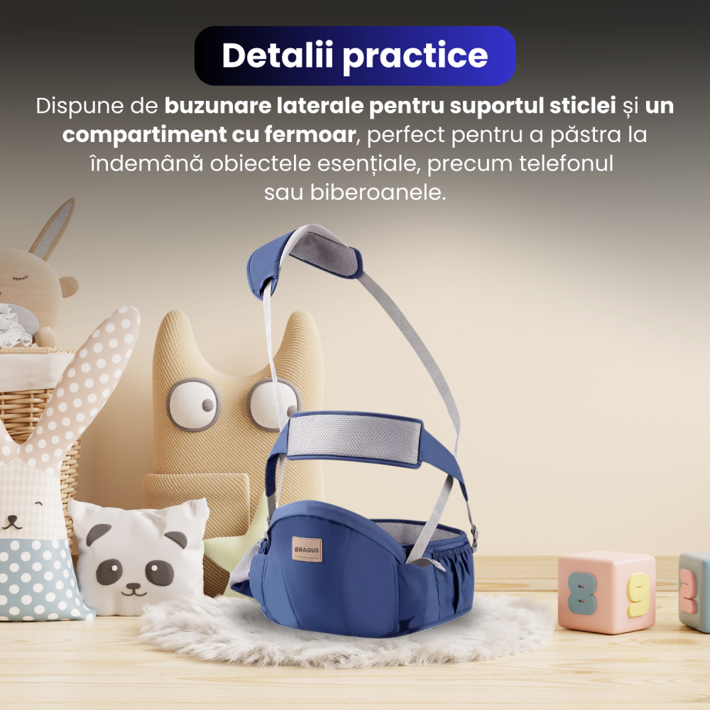 Marsupiu Bebelusi, BRAGUS, Port-Bebe Multifunctional, Tip Centura cu Scaunel, Suport Corect Bebelusi, Reglabil, Buzunare pentru Depozitare, Ergonomic, Materiale de Calitate, Greutate Maxima 15 kg [4]