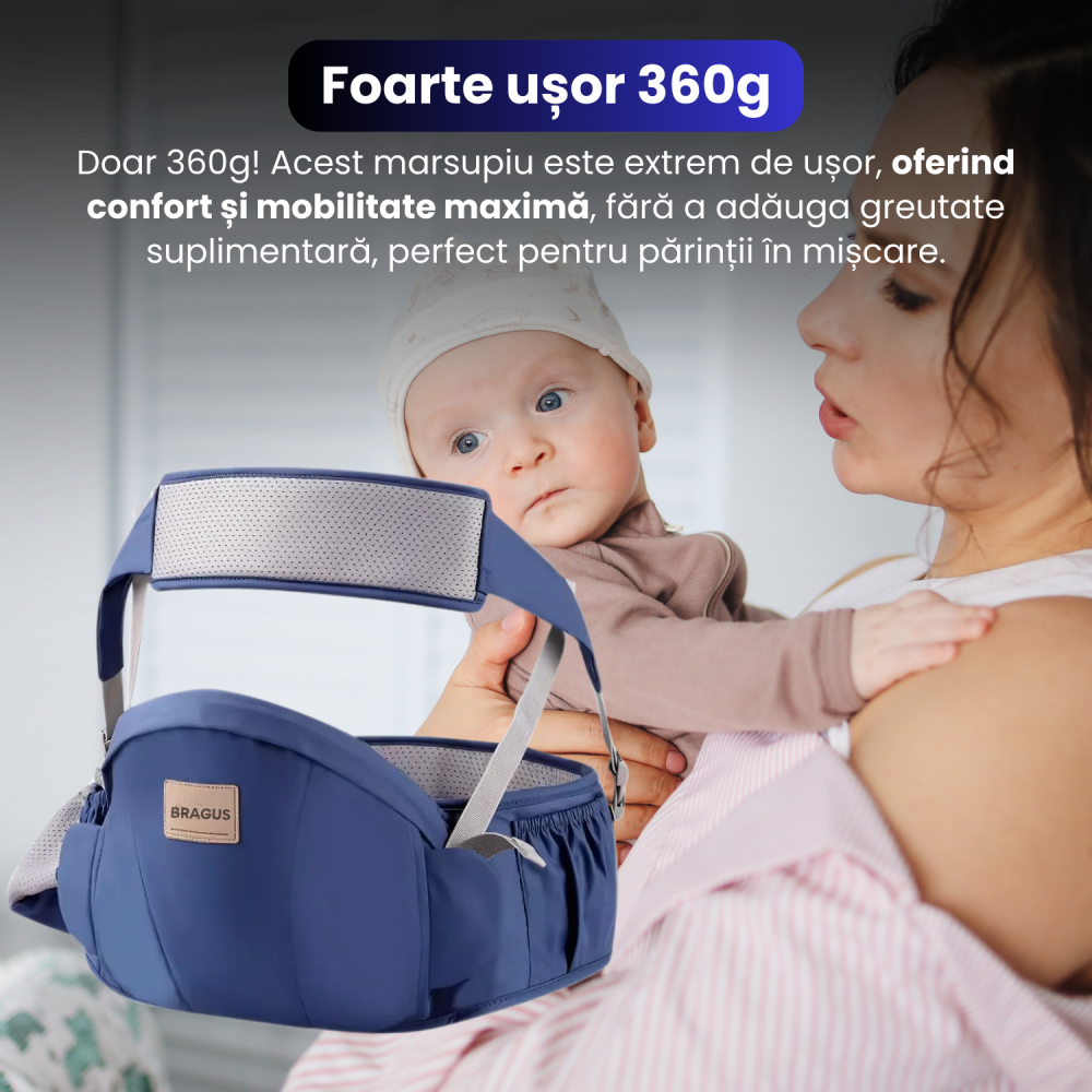 Marsupiu Bebelusi, BRAGUS, Port-Bebe Multifunctional, Tip Centura cu Scaunel, Suport Corect Bebelusi, Reglabil, Buzunare pentru Depozitare, Ergonomic, Materiale de Calitate, Greutate Maxima 15 kg [3]