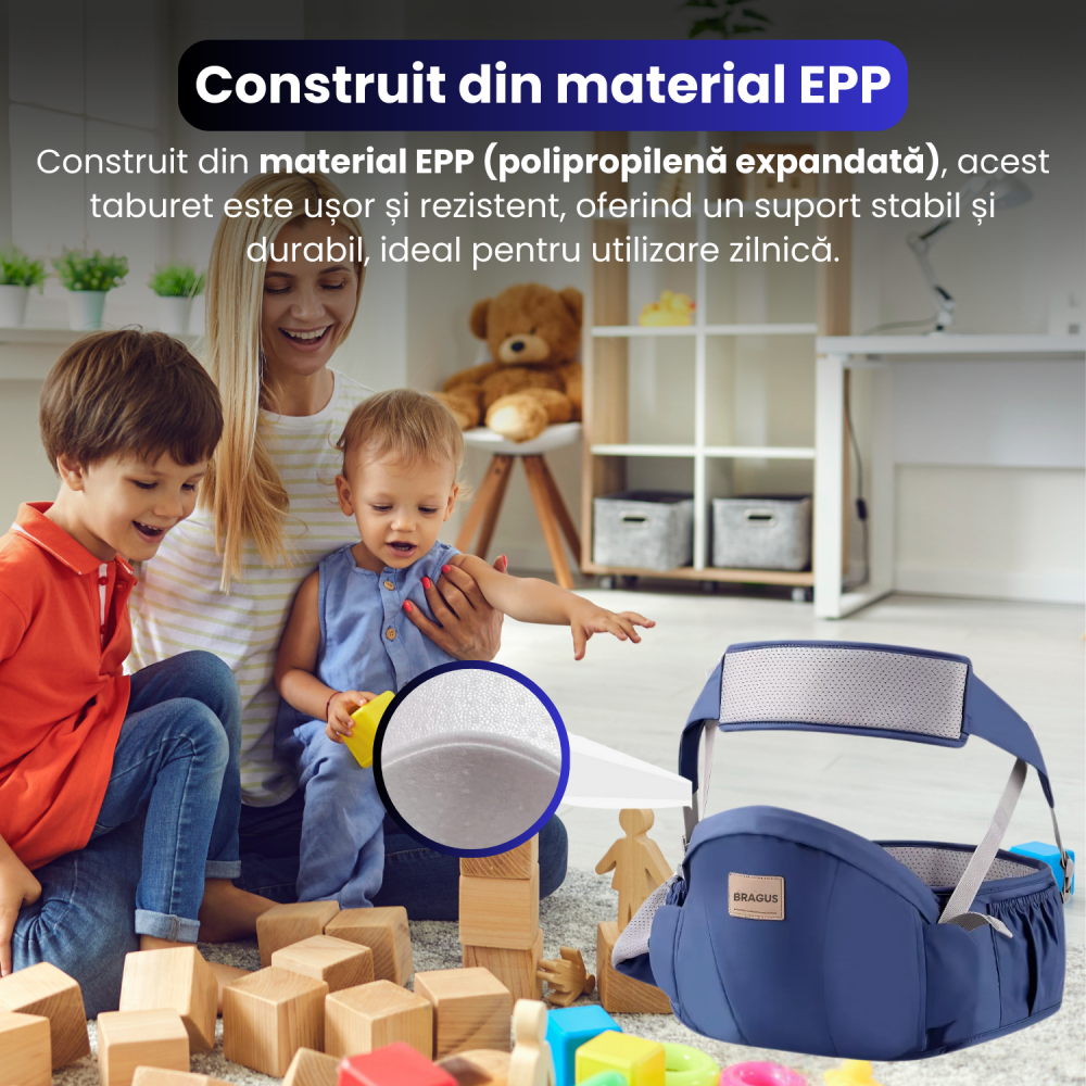 Marsupiu Bebelusi, BRAGUS, Port-Bebe Multifunctional, Tip Centura cu Scaunel, Suport Corect Bebelusi, Reglabil, Buzunare pentru Depozitare, Ergonomic, Materiale de Calitate, Greutate Maxima 15 kg [6]
