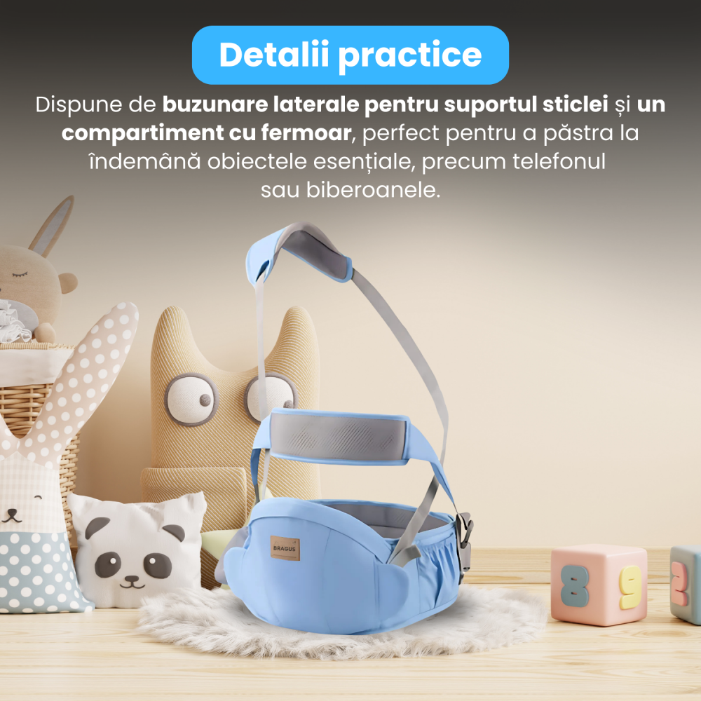 Marsupiu Bebelusi, BRAGUS, Port-Bebe Multifunctional, Tip Centura cu Scaunel, Suport Corect Bebelusi, Reglabil, Buzunare pentru Depozitare, Ergonomic, Materiale de Calitate, Greutate Maxima 15 kg [4]