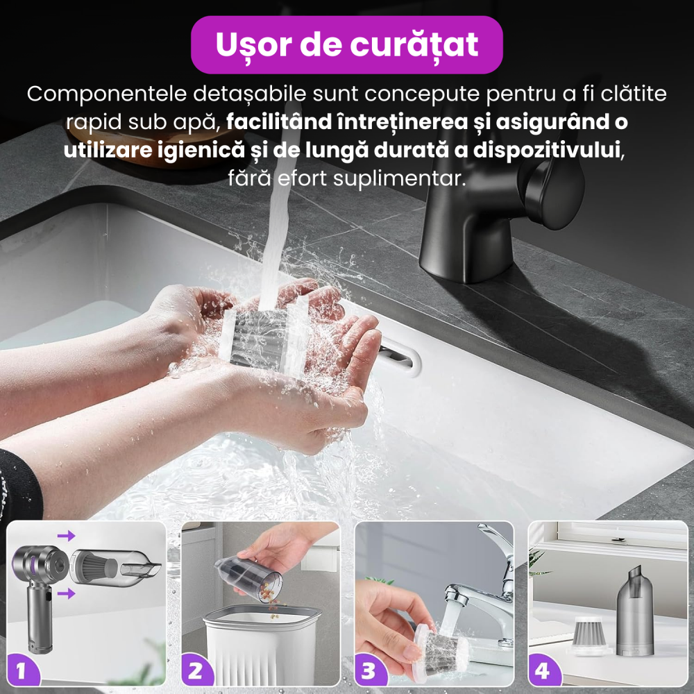 Mini Aspirator Auto Portabil, 16000 PA, Baterie 6000mAh, 100W, 90000RPM, Autonomie 30min, Aspirare, Suflare, Vacuum, 3 Viteze, 9 Accesorii, 3 Filtre HEPA Reutilizabile, Pentru Masina si Casa [4]