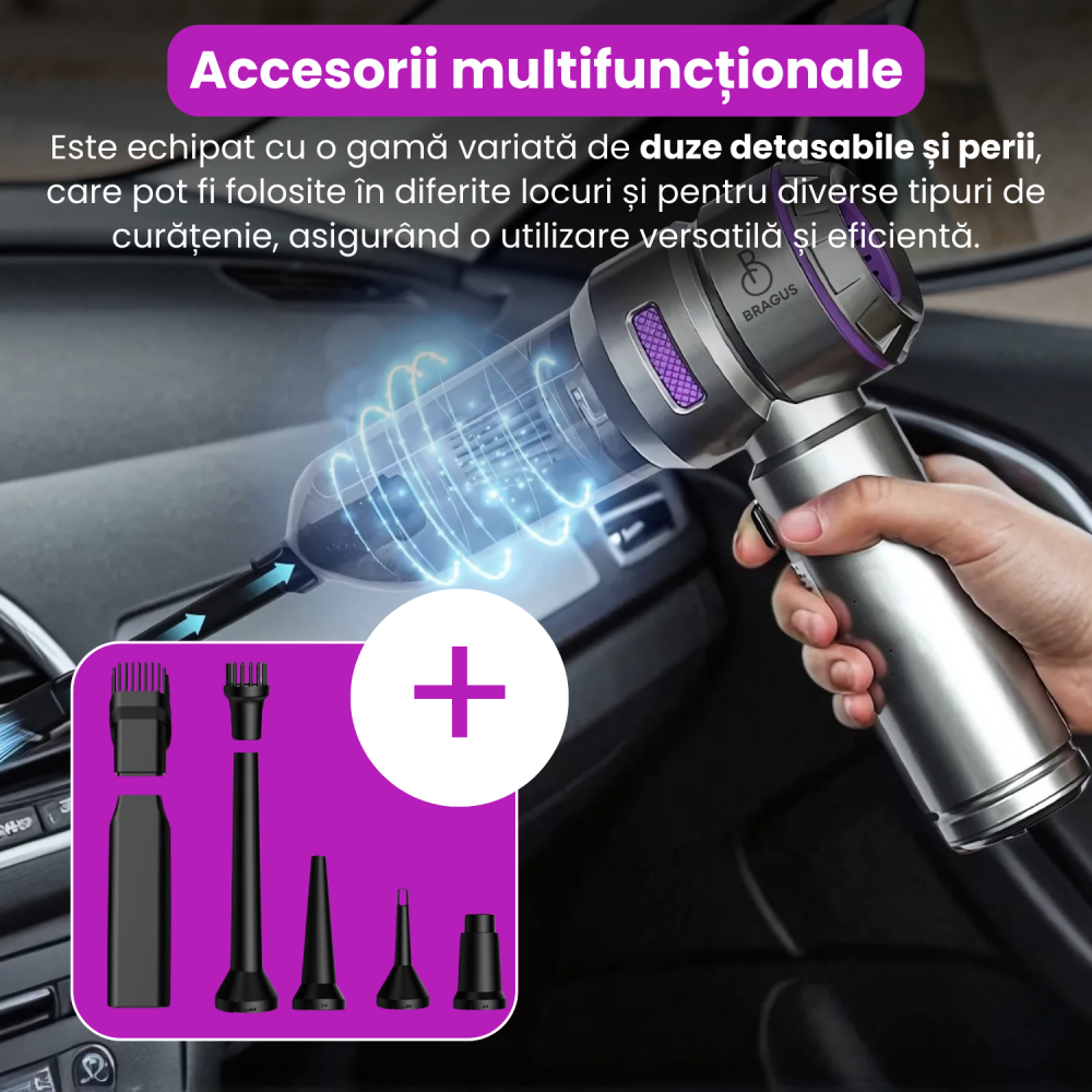 Mini Aspirator Auto Portabil, 16000 PA, Baterie 6000mAh, 100W, 90000RPM, Autonomie 30min, Aspirare, Suflare, Vacuum, 3 Viteze, 9 Accesorii, 3 Filtre HEPA Reutilizabile, Pentru Masina si Casa [5]